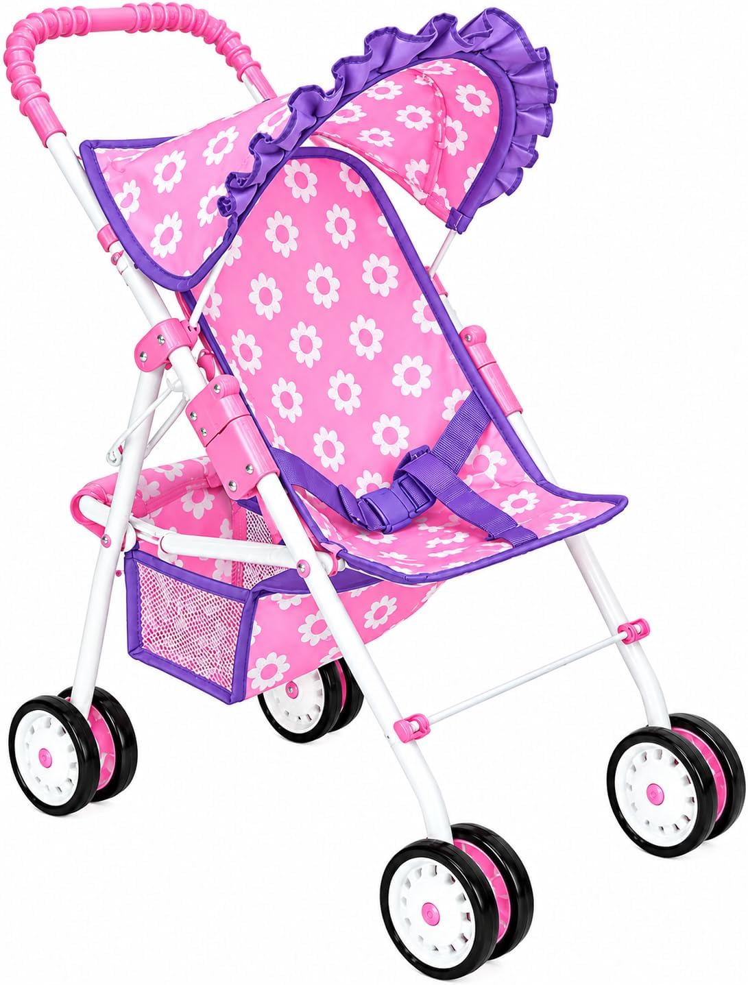 My First Flower Doll Stroller for Kids – Foldable Baby Toy Doll Stroller with Safety Belt & Storage Basket, Preted Play Fits up to 18″ Dolls, Double Wheels o All 4 Legs – Best Gift for Girls & Boys