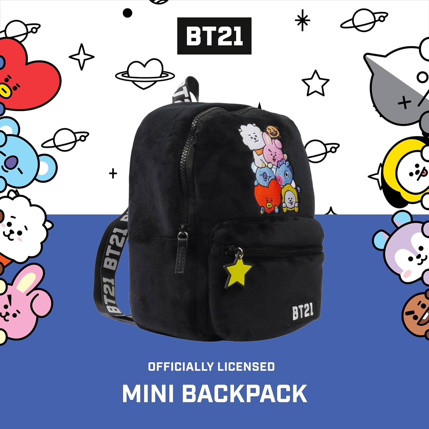 Concept One BT21 LINE FRIENDS Backpack, Plush Mini Travel Bag for Men and Women, Black, 9.5 Inch