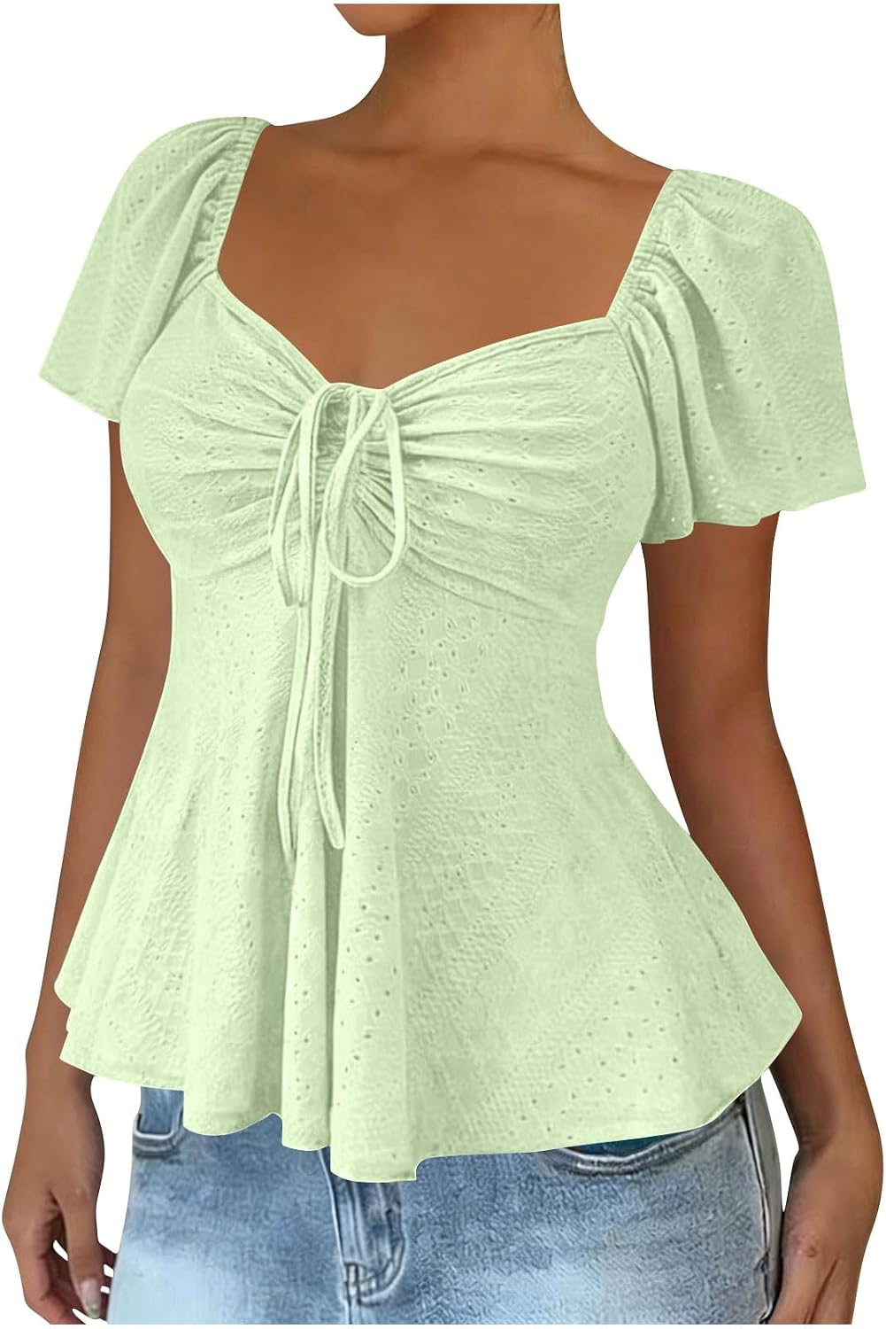 Womens Summer Tops Short Sleeve Ruffle Square Neck Shirts Slim Fit Dressy Casual Elegant Peplum Blouses