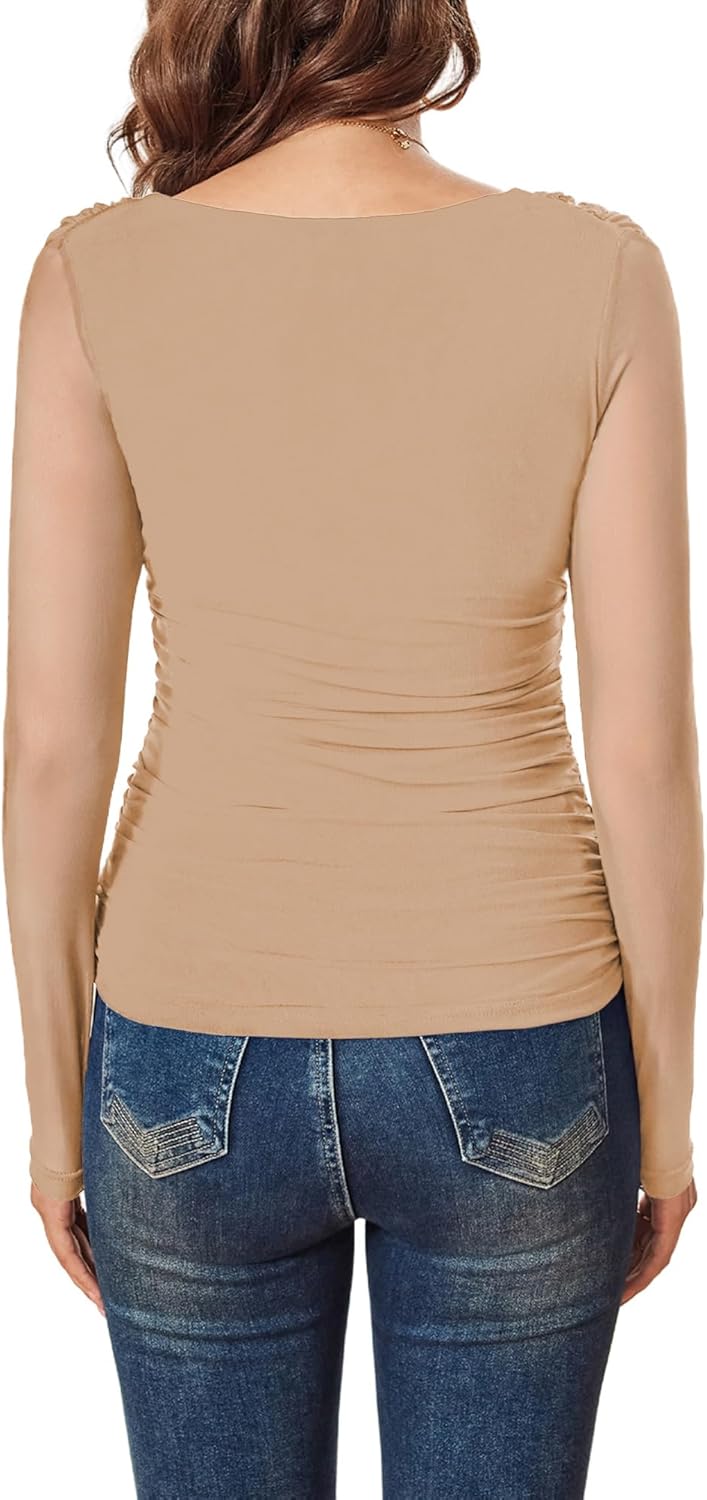 Aisbei Women's Sexy Square Neck Ruched Mesh Tops Sheer Long Sleeve Shirts See Through Going Out Top Blouse - Image 3