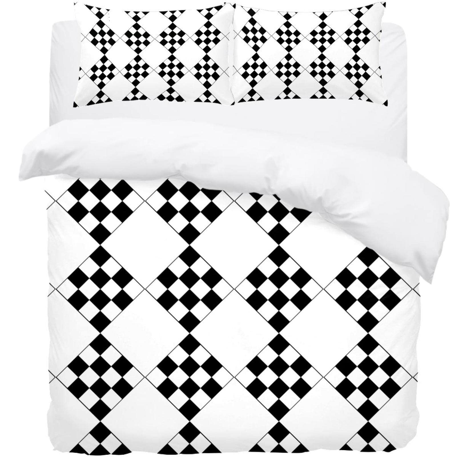 Parure de lit 3 pièces housse de couette et 2 taies noir et blanc motif géométrique
