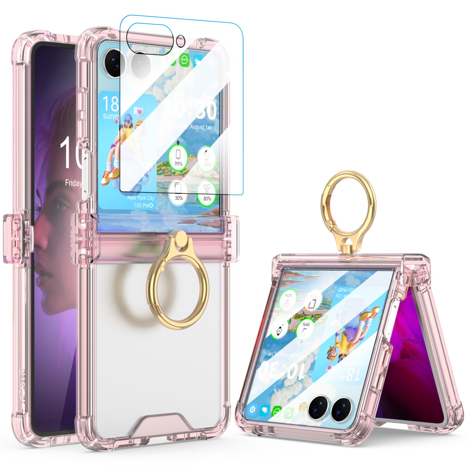 Custodia per Galaxy Z Flip 7 con protezione per lo schermo e cerniera trasparente per Samsung Flip 7 custodia con cavalletto custodia protettiva per Samsung Galaxy Z Flip 7 5G (2025) - rosa