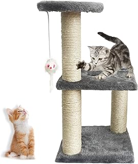 MUYG Kitten Scratching Tree Indoor Small Cats Toy Three Layers Jumping Platform Tall Kitty Tower Scratching Posts Sisal Rope Scratch with Dangling Fake Mouse for Activity Play Rest Sleeping(Grey)