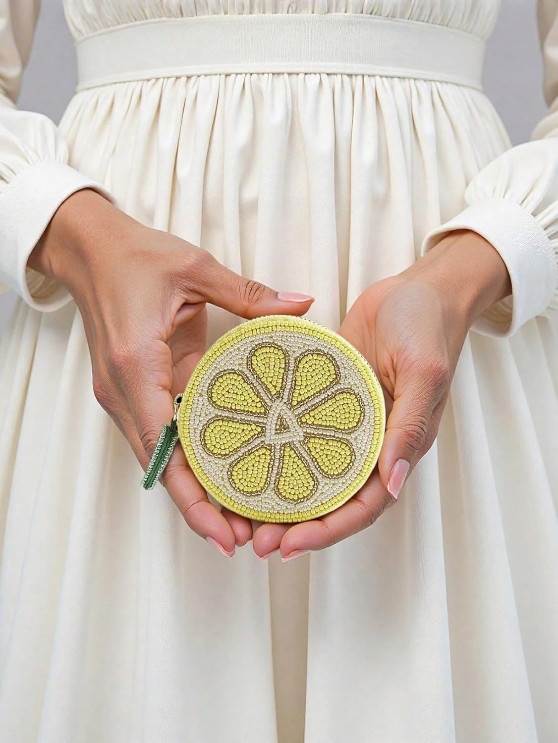 Handmade Beaded Round Coin Purse, Fruit lemon Floral Pattern, Small Money Wallet with Zipper Closure (lemon)