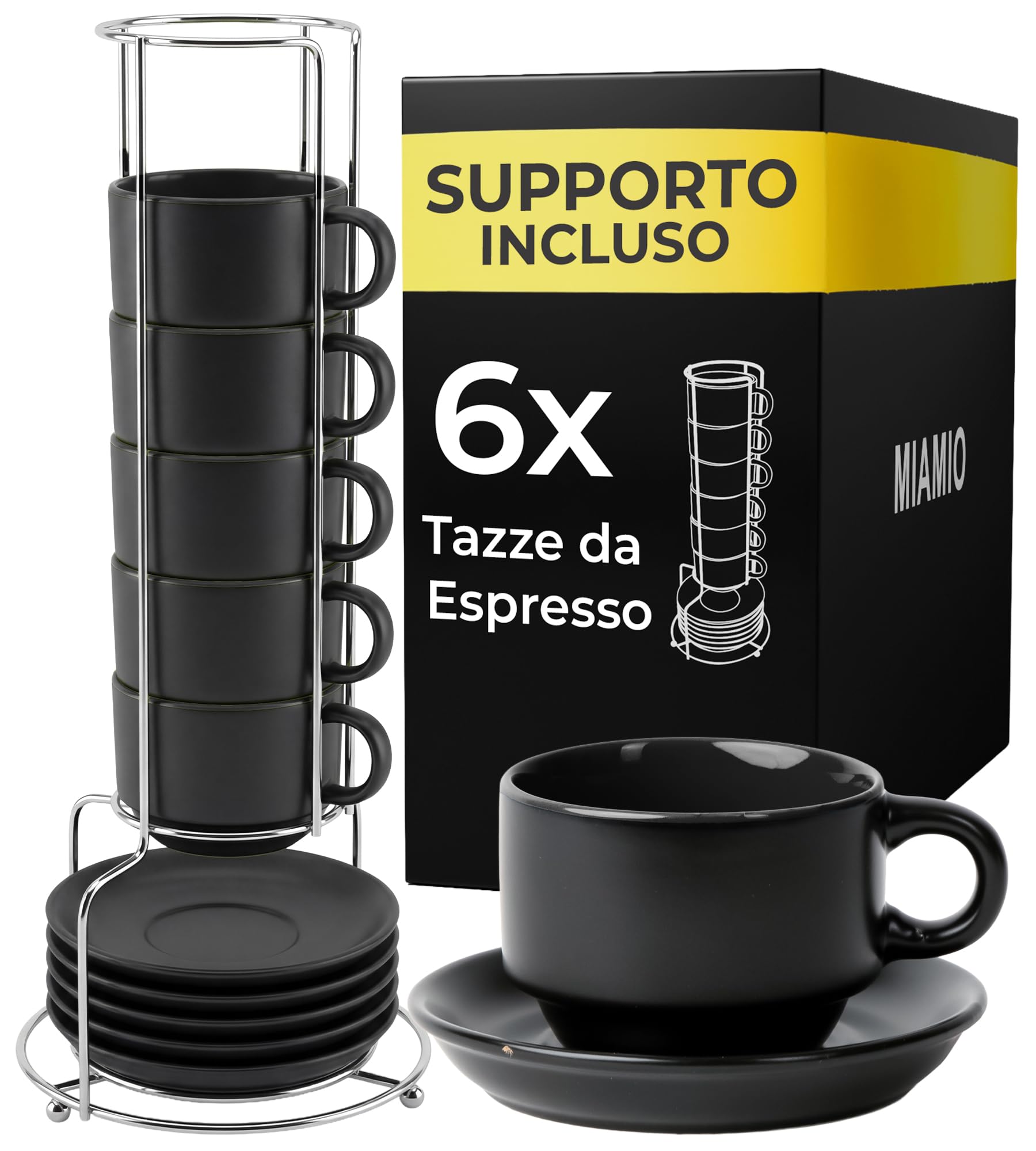 MIAMIO - 6 x 75 ml Espresso Tazzina da caffè - Sei Tazzine Impilabili - Set di Tazze da Caffè, Ceramica - Le Papillon Collezione (Nero)