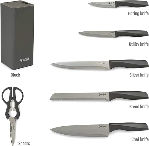 Miniatura 2 de Goodful Juego de cuchillos de alta calidad, cuchillas afiladas de acero inoxidable de alto carbono con bloque de almacenamiento, 7 piezas, gris