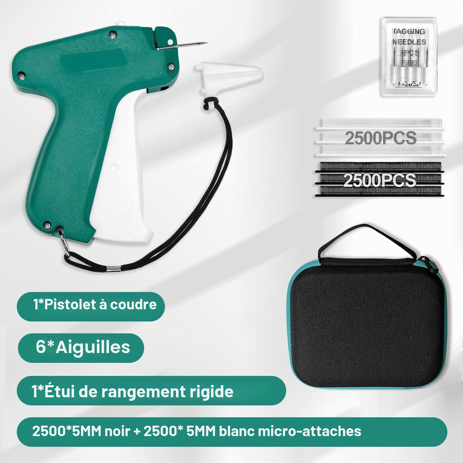 Mini pistolet à point pour vêtements avec 6 aiguilles de rechange et 5 000 attaches de 0,5 cm, fixation rapide de vêtements et étui rigide, mini pistolet à étiquettes fines pour couture, matelassage