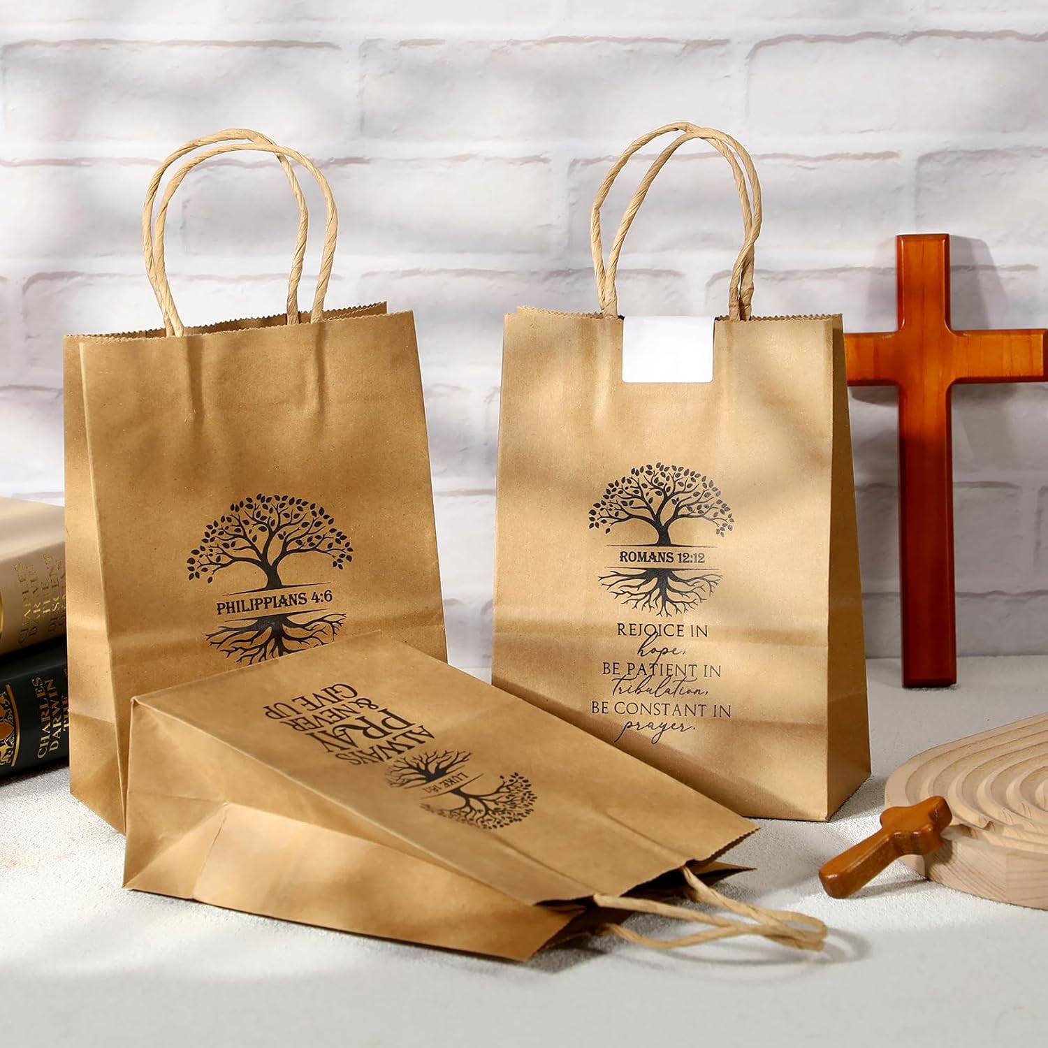 Motipuns 20 Pcs Christian Gift Bag for Religious Easter Kraft Paper Bags Bulk with Handle 5.91 x 3.15 x 8.27 Inches Bible Verse Church Welcome Gift for Dad Church Pastor Family Baptism - Image 3