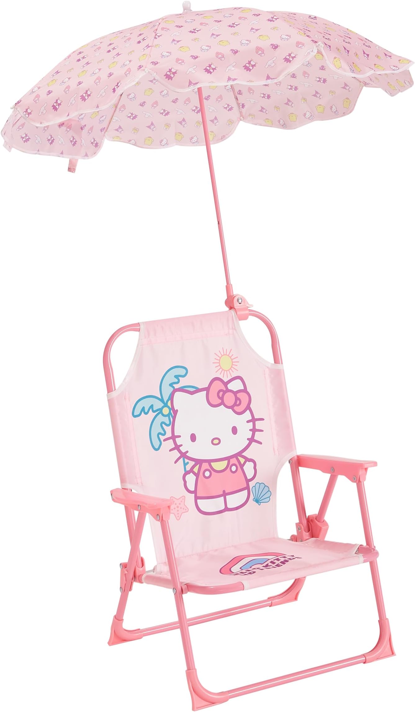 Sanrio Hello Kitty Kids Outdoor Folding Beach Chair with Umbrella,Portable Camp Chair for Ages 3+, Lightweight & Compact for Beach, Camping, and Backyard