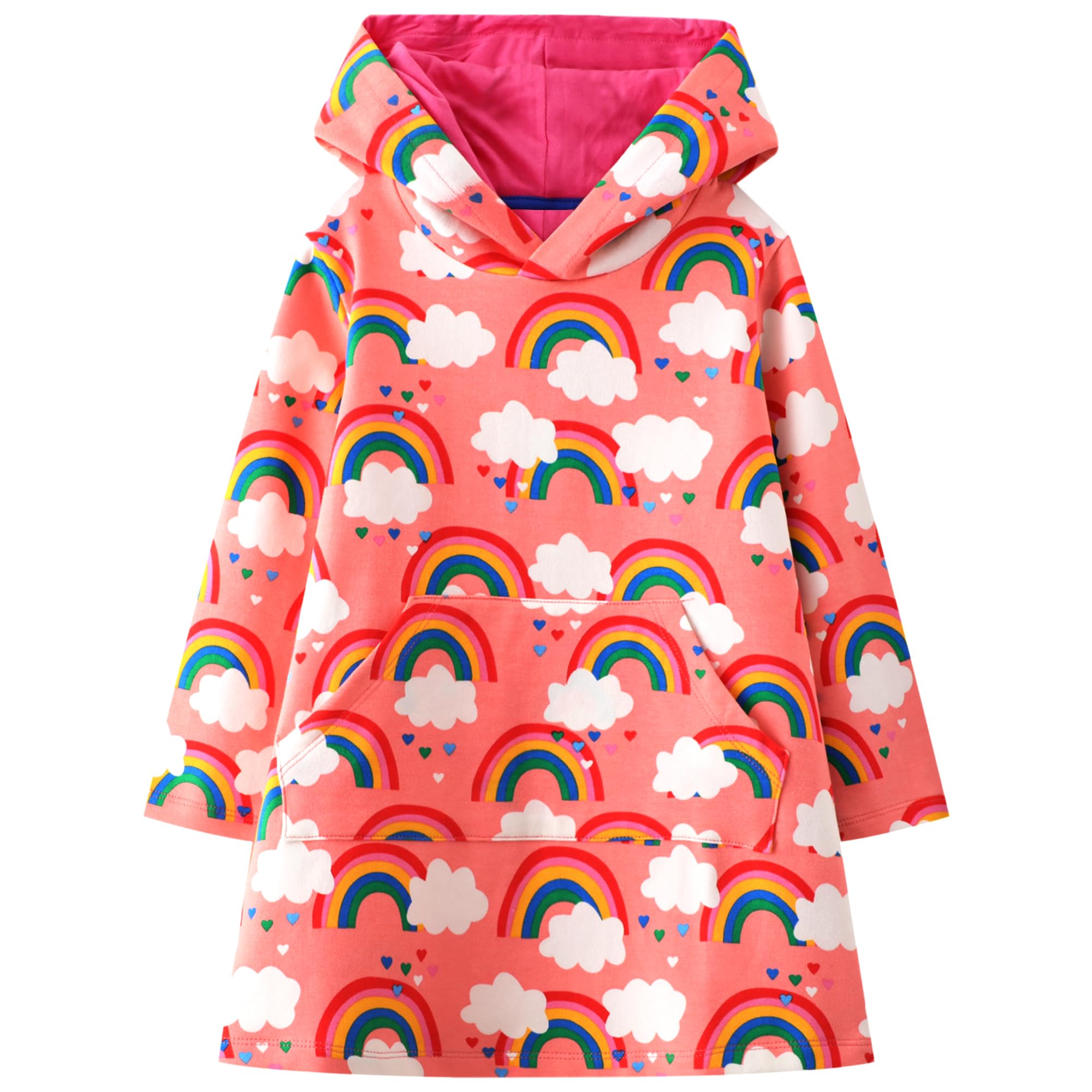 Mädchen Kapuzenkleid Baumwolle - Langarm Hoodie Kleid Mit Regenbogen Print