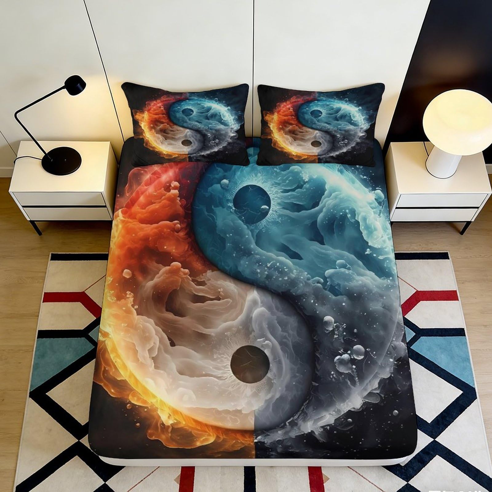 3D Printed Yin Yang Fire and Water Fitted Sheet Microfiber Soft Breathable Cosmic Nebula Bed Cover for Bedroom Dormitory Guest Room Mattress Protection 90x200x25cm