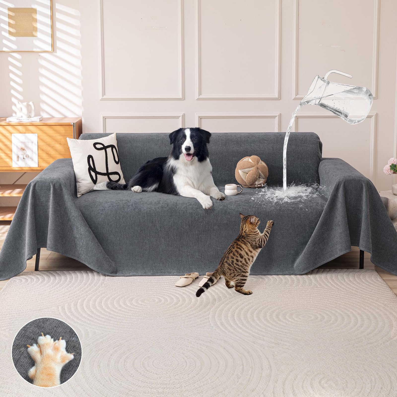 Royhom Waterproof 3 Seater Sofa Cover, Waterproof Sofa Cover, Chaise Longue Sofa Covers, Scratch-Resistant for Cats and Pets, Non-Slip, Grey, 300 x 180 cm