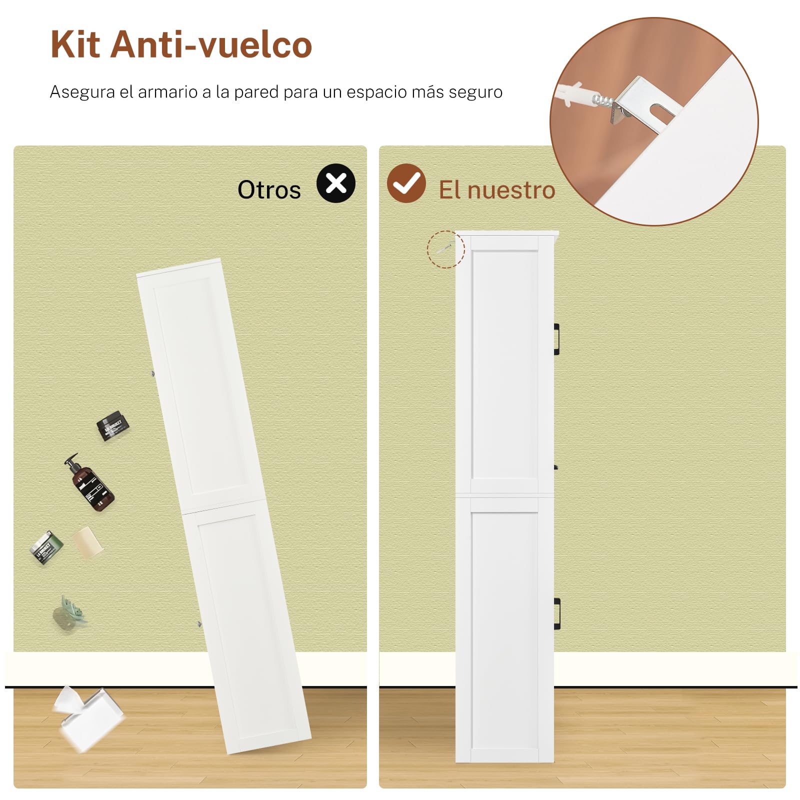 TEENFON Alacena de Cocina Alta y Despensa, Armario Multiusos con 2 Puertas, 1 Cajón y Estantes Ajustables, Aparador y Mueble de Baño para Cocina, Salón, Baño, 170 x 40 x 30 cm, Blanco