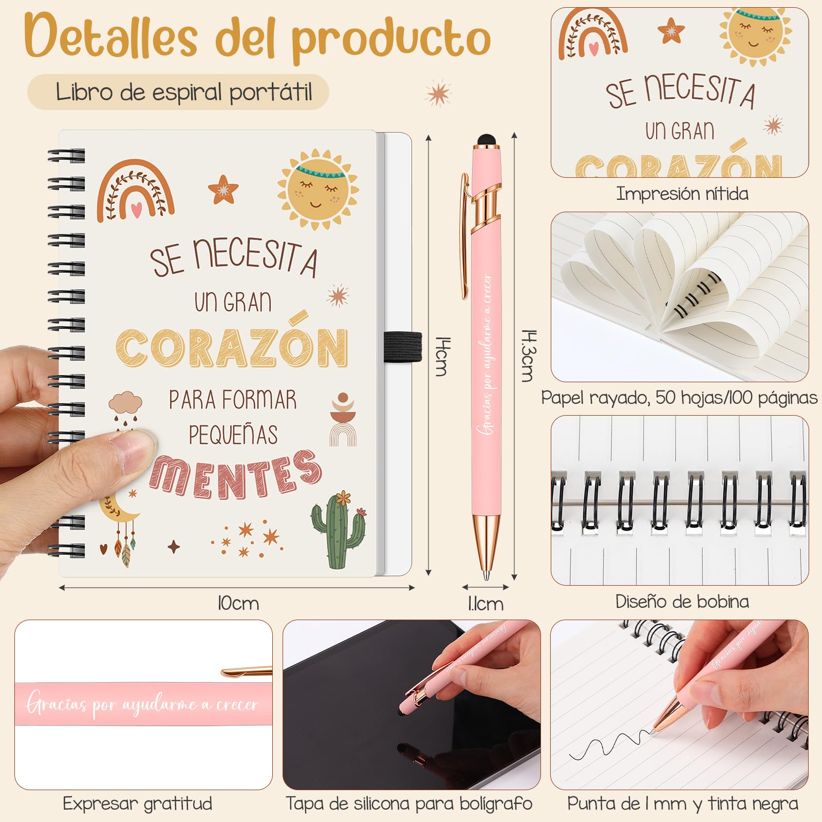 BBTO Set de 7 Piezas Regalo de Agradecimiento para Maestra Bolsa de Compras Neceser de Maquillaje Cuaderno Bolígrafo Llavero Marcapáginas Tarjeta Sobre Regalo para Profesore Graduación Fin de Curso
