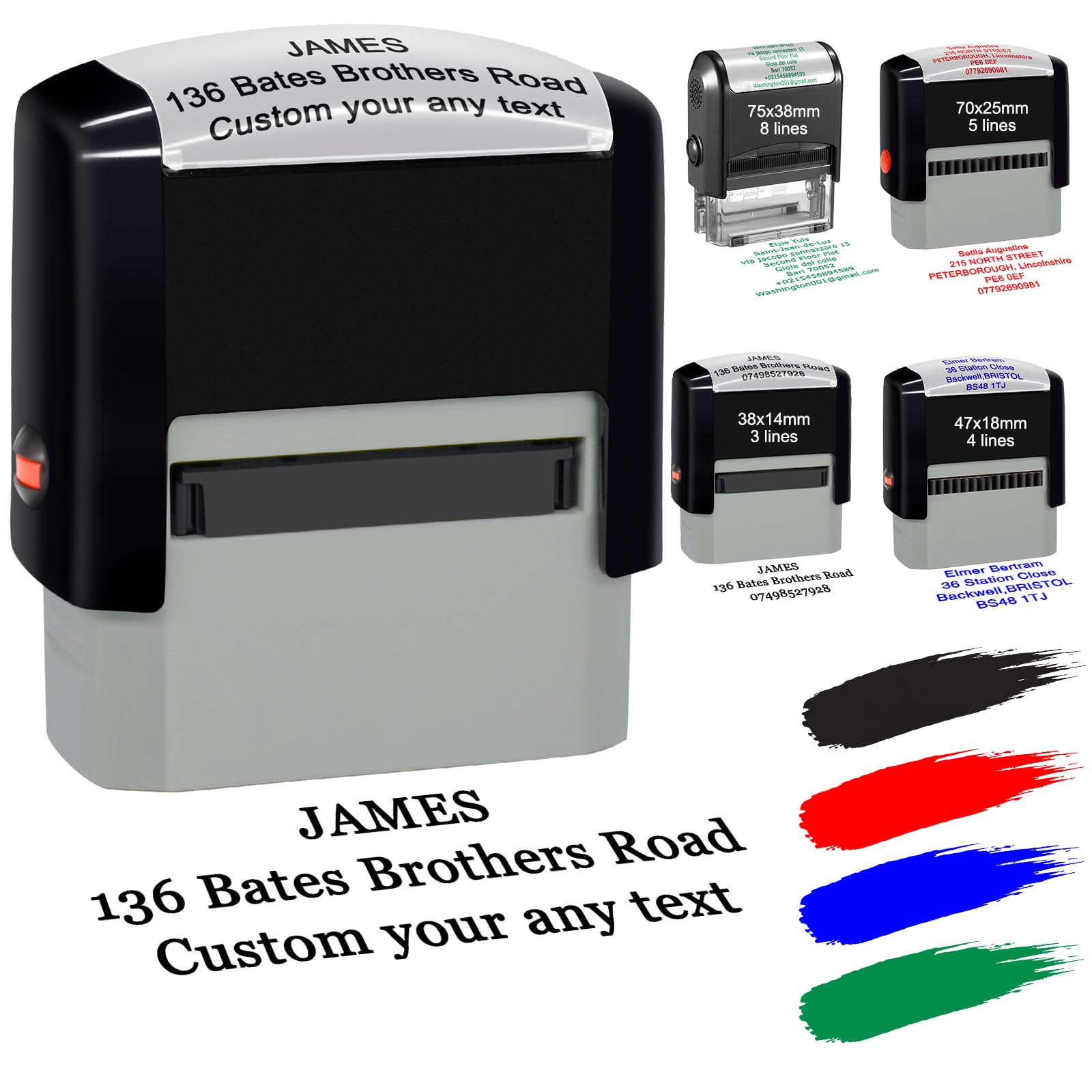 Personalised Stamp Custom Self-Inking Rubber Stamp Name Business Address Stamps 38mm x 14mm Up to 3 Lines of Text 4 Font & Ink Color Options