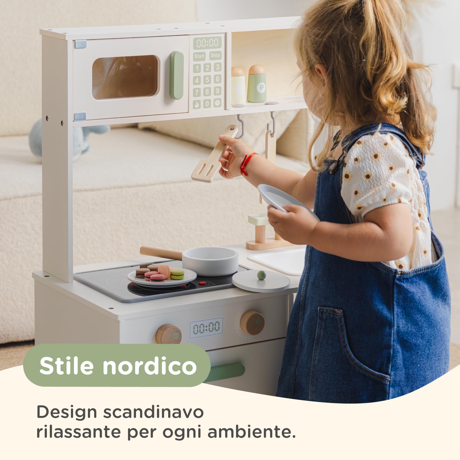 Nene Toys Cucina Giocattolo per Bambini – Cucina in Legno per Bambini con Luci e Suoni, Microonde e Forno, Ripiani e Ganci + Accessori – Gioco Montessori dai 3 Anni – Idea Regalo Bambina e Bambino