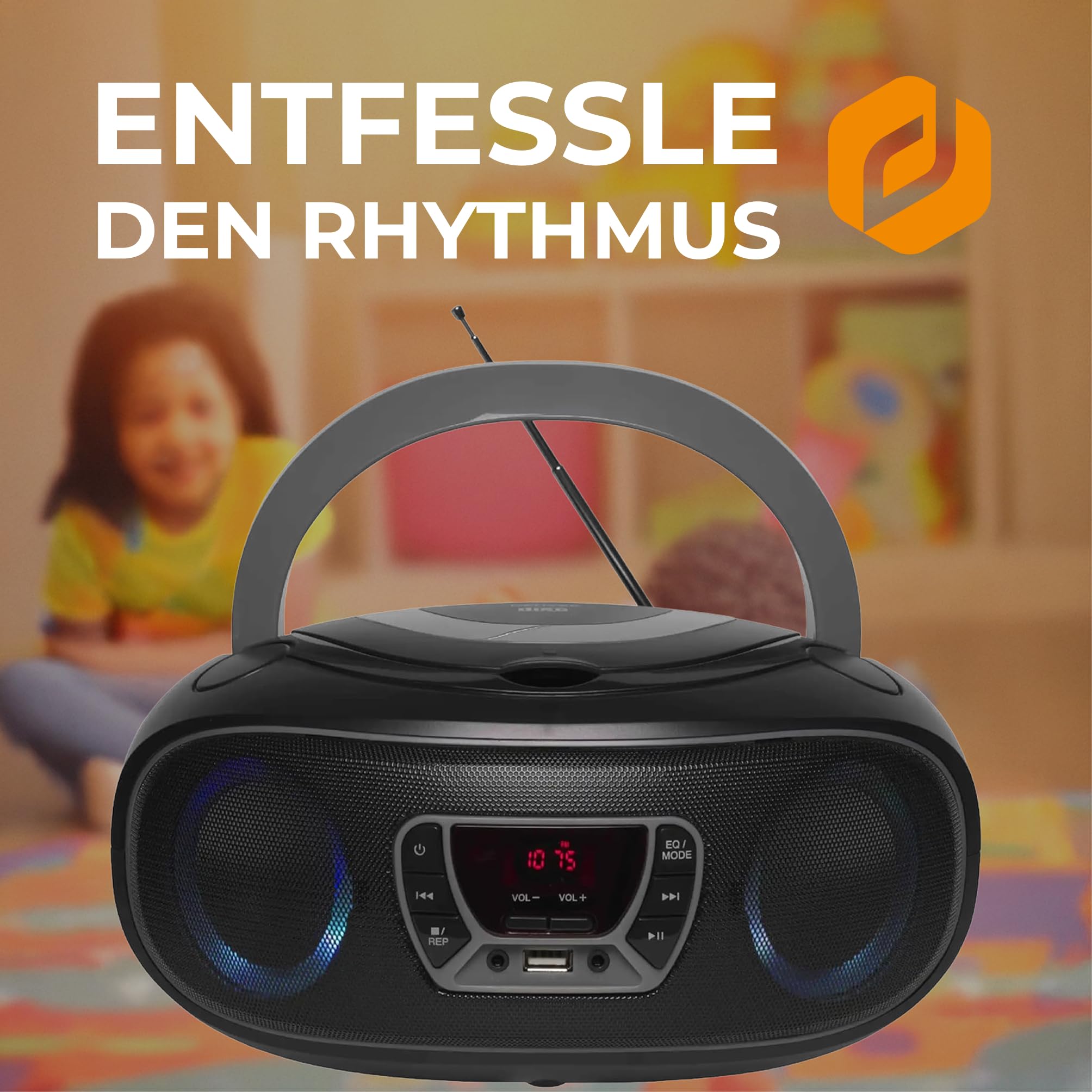 Denver TCL-212BT CD-Player Boombox Bluetooth USB FM-Radio Grau | Toplader, MP3-Wiedergabe, AUX-Eingang, Kopfhöreranschluss, LED-Licht, Netz- oder Batteriebetrieb