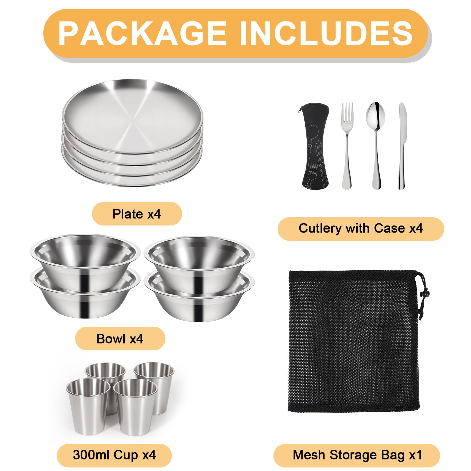 REDCAMP Campingbesteck Set 4 Personen, 29 Teiliges Outdoor Picknick Reisebesteck aus Edelstahl mit Etui Schüsseln Teller Tasse Messer Gabel Löffel, Camping Geschirr Set für Reisen Wandern