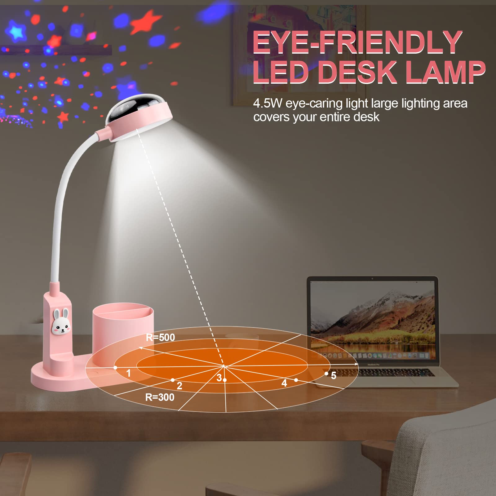 Kid,Lámpara de escritorio para niños, con proyección de estrella, recargable, con soporte para lápiz, atenuación, 3 brillo, cuello de cisne flexible con soporte para bolígrafo, lámpara de conejo rosa