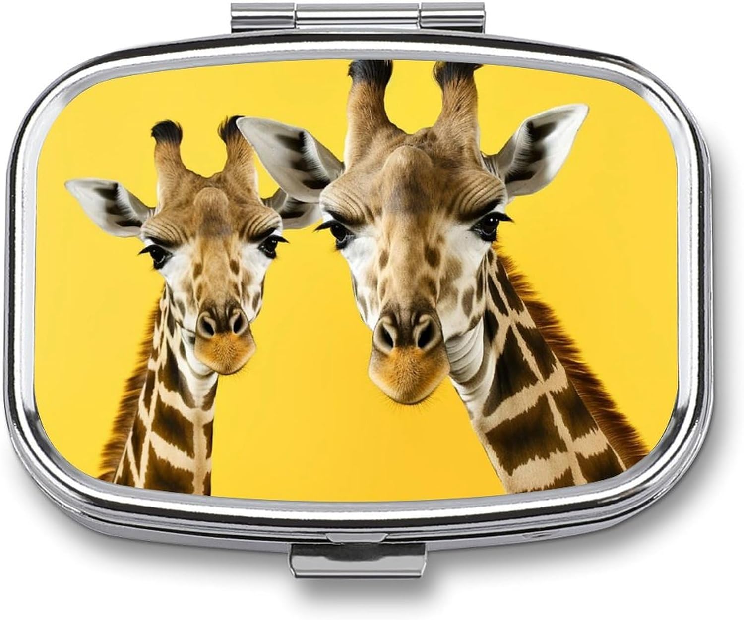 Pill Box 2 Compartment Metal Medicine Pill Organizer Giraffe on Yellow Background Pill Case for Purse Or Pocket Cute Mini Portable Pill Holder Travel Pill Container to Hold Supplements