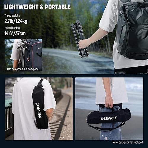 Miniatura 7 de NEEWER Trípode de viaje de video de 61.4 pulgadas con cabezal fluido base niveladora +-10 (1.457 in), soporte de trípode de cámara de metal compacto