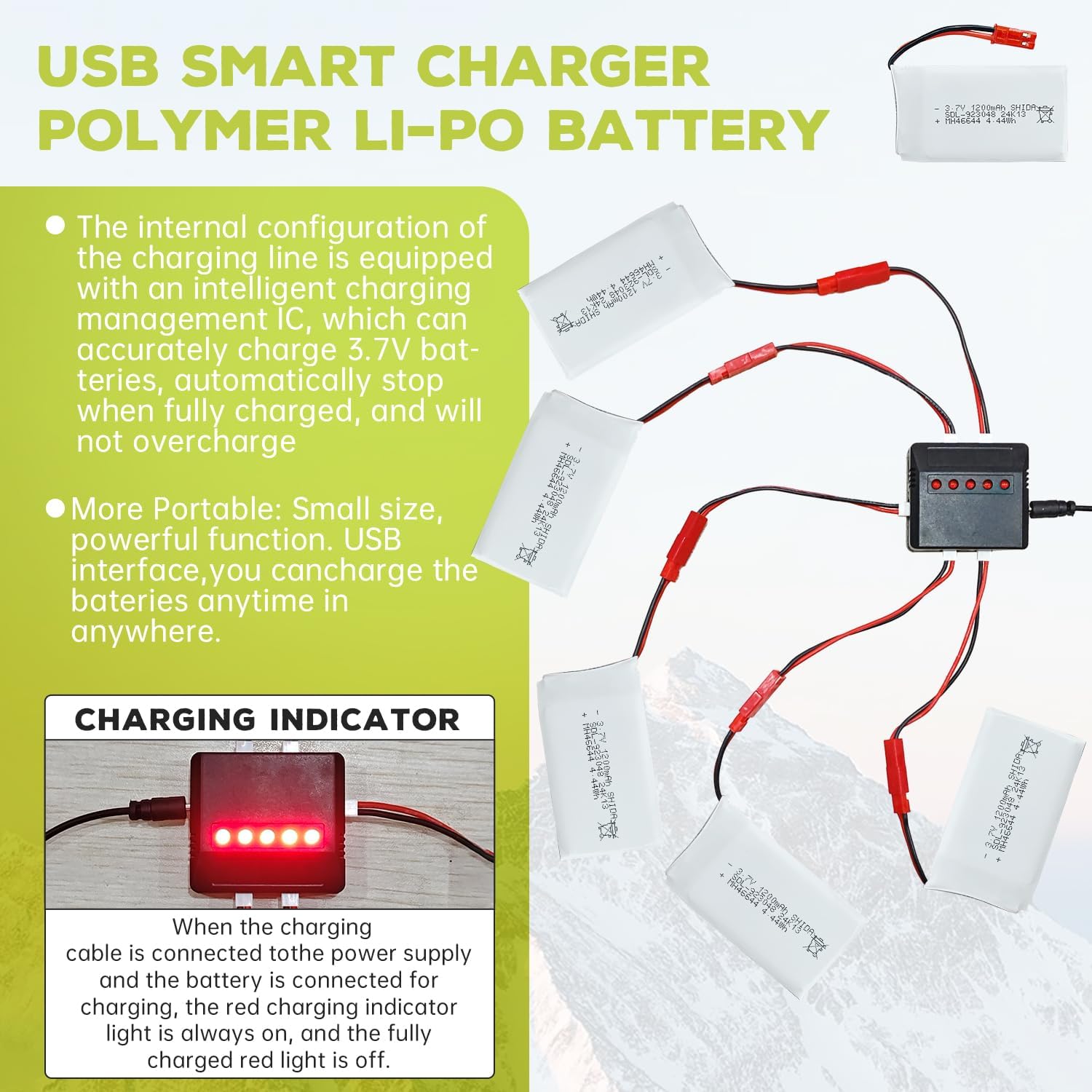 MJX 5PCS 3.7V 1200mAh 30C Lipo Battery with 5in1 Charger JST Plug for T04 T05 T25 V2400HD V2450FPV V2450GPS X900 X9TW RC Quadcopters