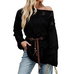 HGps8w Womens Off The Shoulder Hollow Knitted Sweaters Cozy Pullover Ladies Loose Long Sleeve Belted Sweater Tops