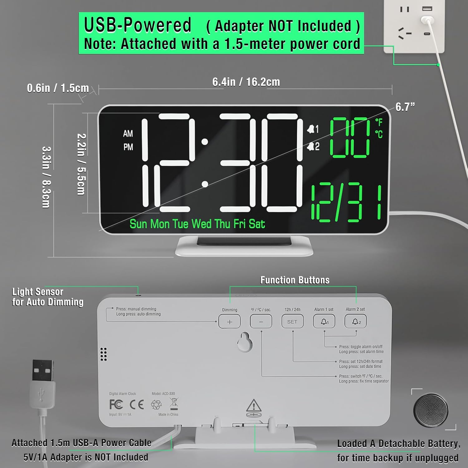 Zadní view of the KOSUMOSU Digital Alarm Clock showing function buttons, USB port, and battery compartment.