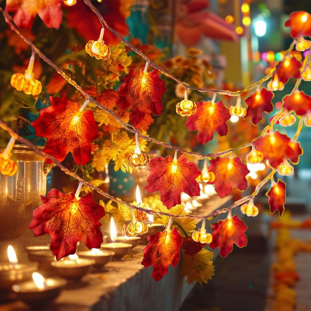 Lwxjjer 6M Pumpkin Maple Leaf String Lights,Autumn Decorations Maple Leaf Lights,Fall Garland String Lights,Maple Pumpkin String Lights Garland For Fall Garden Thanksgiving Harvest Party Outdoor Decors (6M)