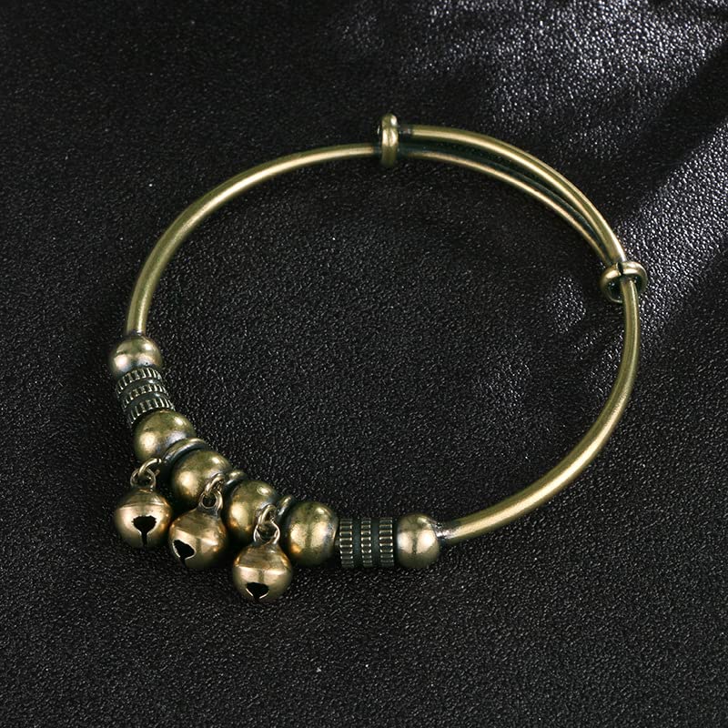 Bracelet laiton ajustable push-pull anti-perte avec clochette antique cuivrée rétro