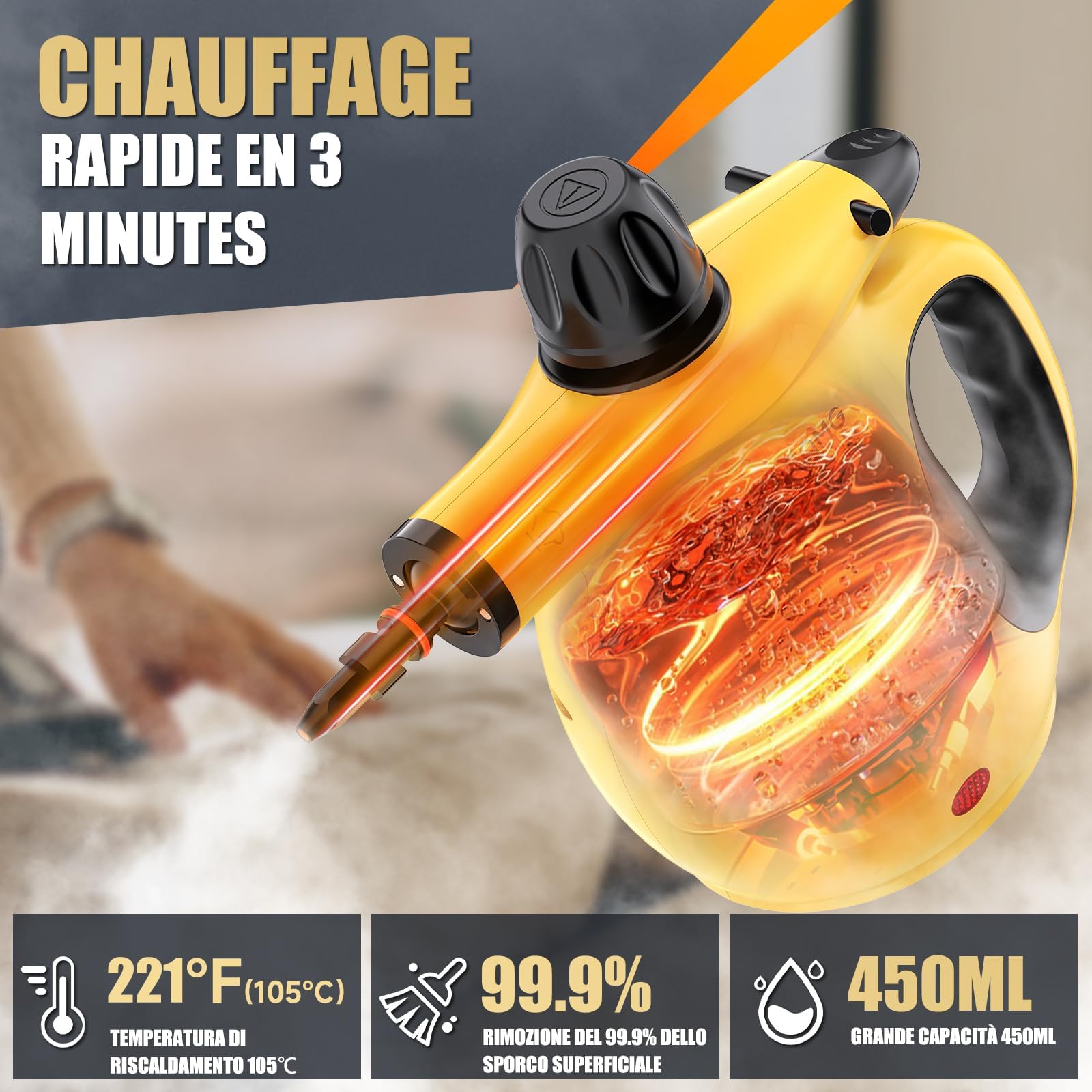 Nettoyeur Vapeur Portable -Verrouillage de Sécurité | Inclus 10 Accessoires&450ML,1050W&105°C,Chauffage Rapide en 3-5 Min, pour Voitures/Meubles/Sols/Cuisines