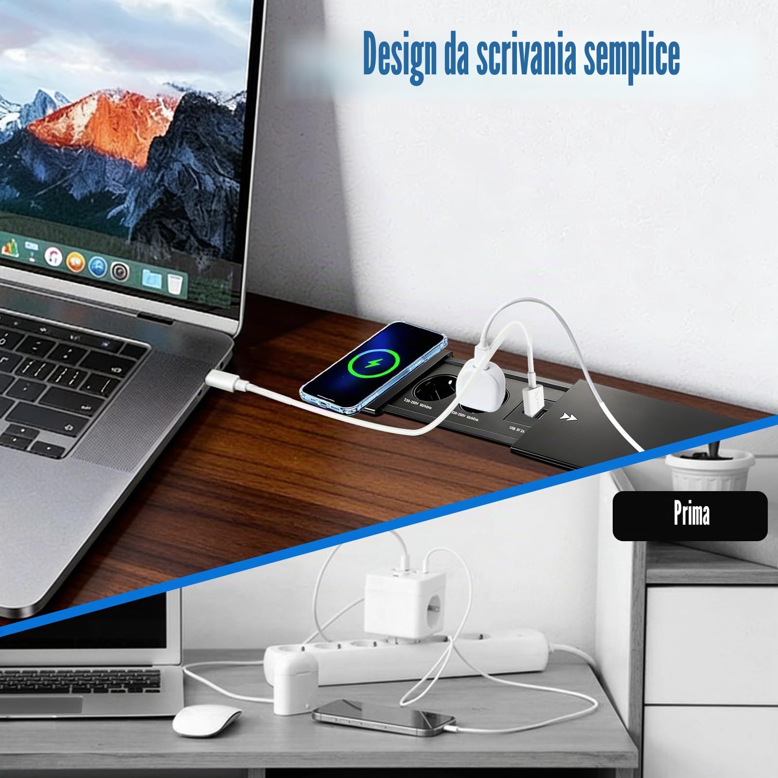 Ciabatta elettrica da incasso, 2 prese, a scomparsa, con caricatore wireless da 15 W, e USB-C, presa a scomparsa con coperchio scorrevole per scrivania, divano, tavolo da conferenze