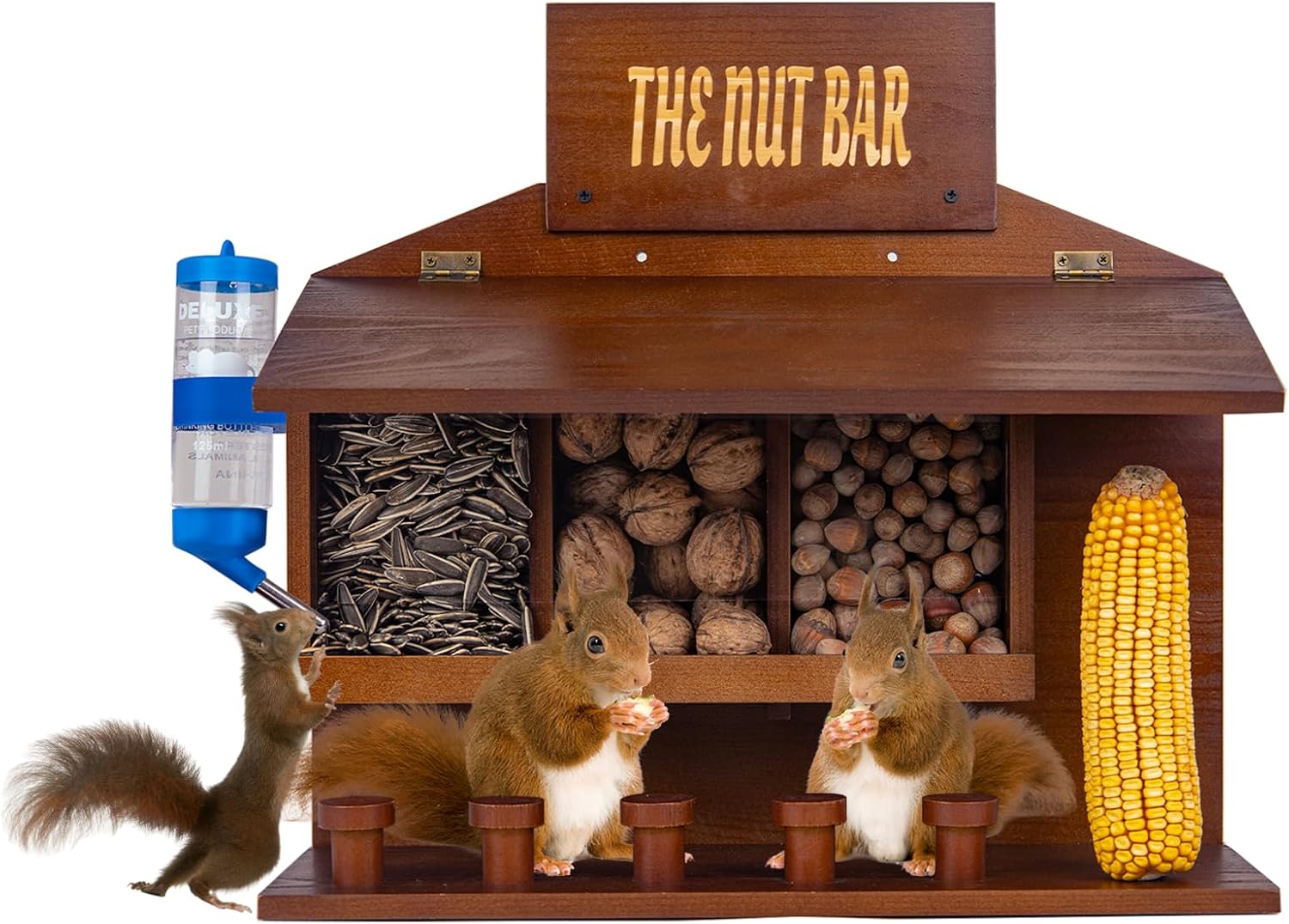 Wooden Large Size Squirrel Picnic Table Feeder for Outside,Can Hang on The Tree,Set:3 Food Slots + 1 Corn Cob Holder + 5 Stools + 1 Feeding Water Bottle,Nut Bar,15.74 * 6.29 * 14.17 in (Large)