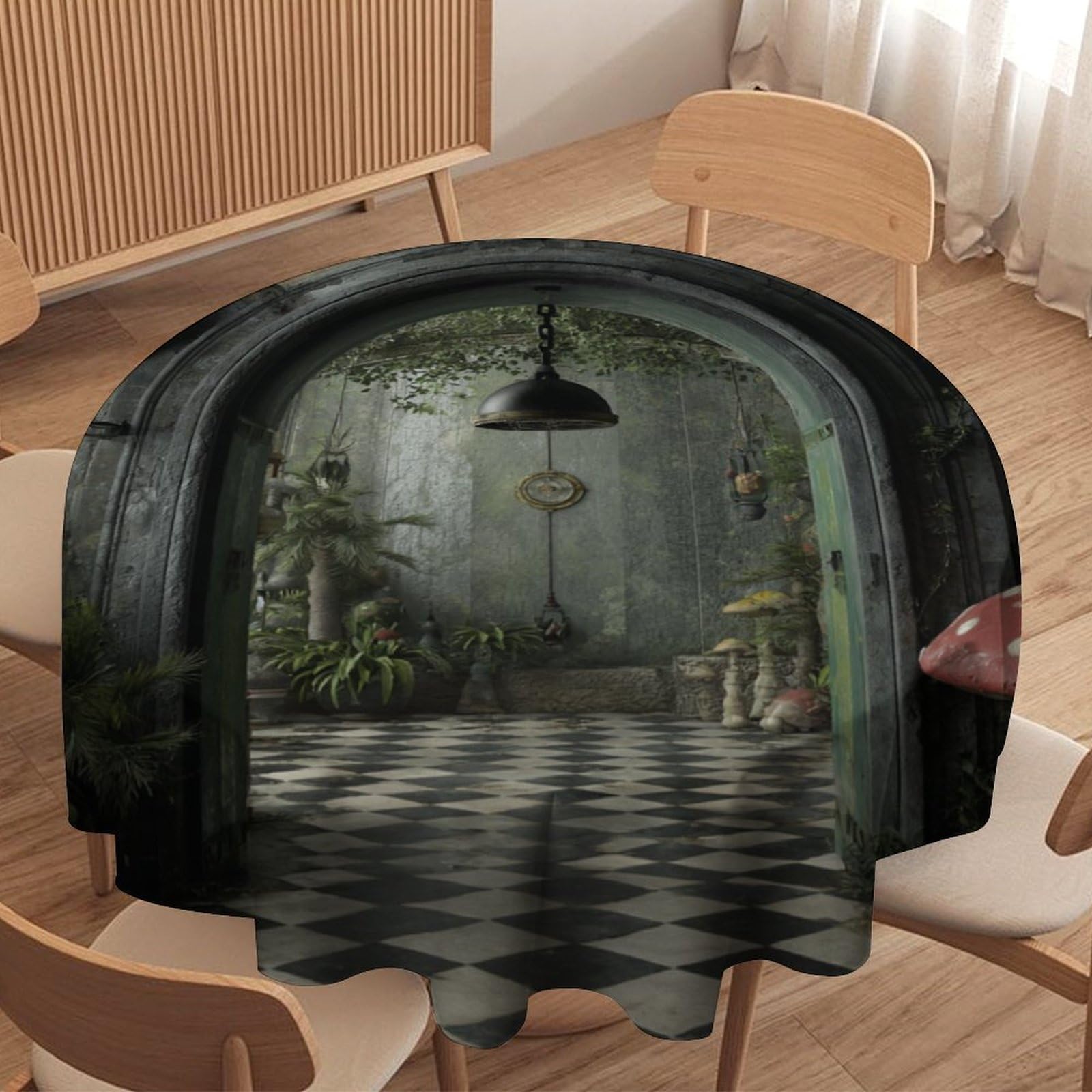 LUYYSKY Rustic Watercolor Woodland Forest Round Tablecloth Beautiful Fairy Black White Floor Landscape Mushroom Print Washable Decor for Table Cover for Kitchen-152.4" Wx152.4 L cm