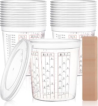 Yesland 12 Pack Paint Mix Cups with Lids and 50 Sticks - 64 Oz Graduated Paint Mixing Cups Plastic Epoxy Measuring Cups with Calibrated Mixing Ratios on Side of Cup for Activators, Thinner, Resin
