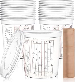 Yesland 12 Pack Paint Mix Cups with Lids and 50 Sticks - 64 Oz Graduated Paint Mixing Cups Plastic Epoxy Measuring Cups with Calibrated Mixing Ratios on Side of Cup for Activators, Thinner, Resin