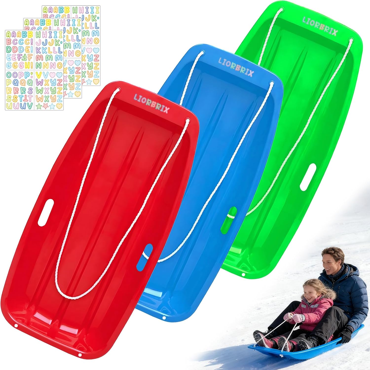 Sleds for Kids, Snow Toboggan Sled with Stickers, Handles and Pull Rope,35 Inch Durable Snow Sled for Kids, Cold-Resistant Plastic Sled