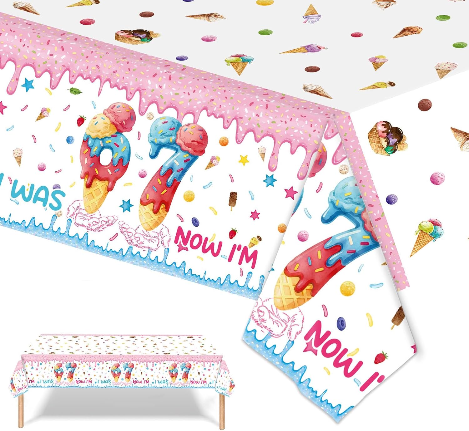 6 7 Birthday Party Tablecloth Ice Cream Table Cover,3 Pieces Disposable Plastic Rectangular Tablecloths for Girls 7th Birthday Party Decoration Supplies, 54 x 108 inches
