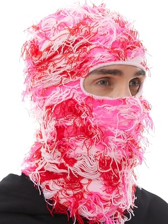 ROXUN Distressed Ski Mask Balaclava, Yeat Shiesty Fluffy Knitted Full Face