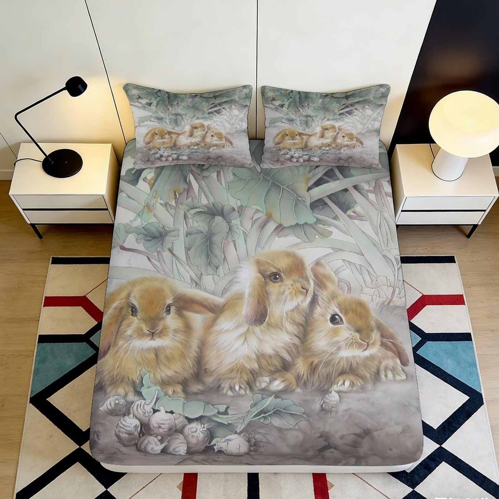 3D Printed Bunny Meadow Fitted Sheet Microfiber Soft Breathable Rabbit Family Mattress Cover for Bedroom Guest Room Decor 90x200x25cm