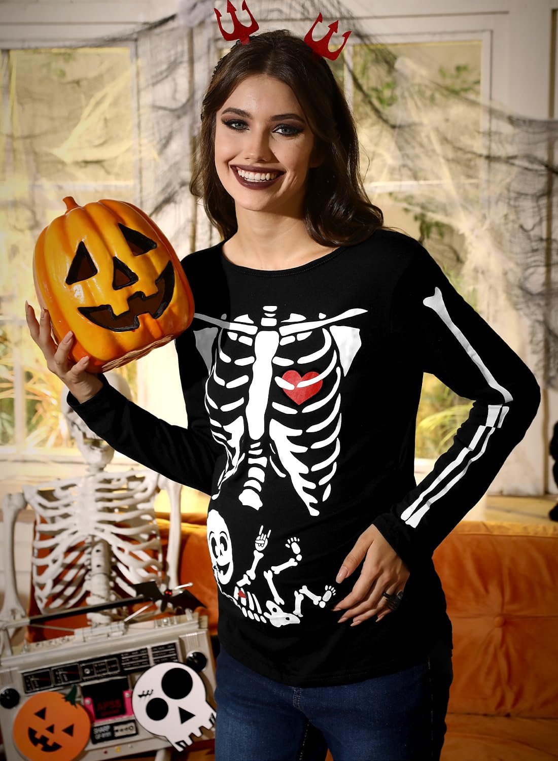 For G and PL Chemise de grossesse à manches longues pour femme Halloween S-XXL | Costume extensible à manches longues pour fête à thème squelette citrouille imprimé famille enceinte chemise