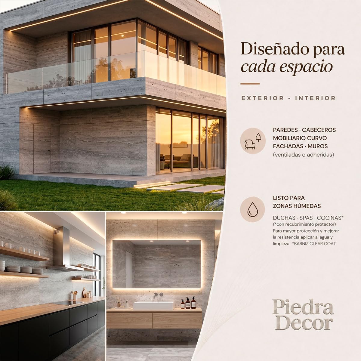 Panel piedra flexible TRAVENTINO GRIS IT-D02 60x120 cm - 3-5 mm ultrafino, ligero, curvable, resistente, interior y exterior, sin obra, textura real x4 uds acabado premium.
