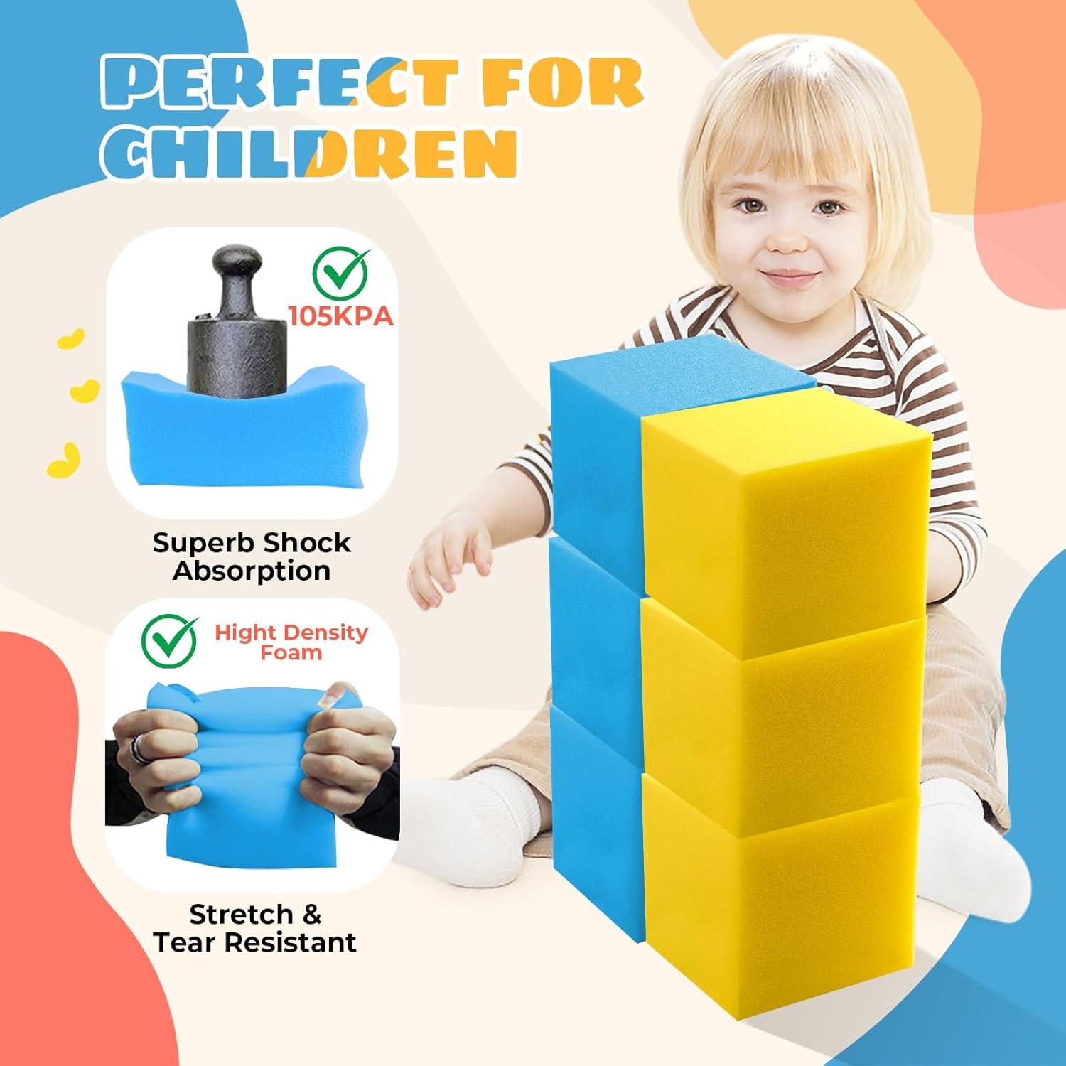 Foam Pit Cubes, 24 PCS 5 Inches Gymnastics Foam Blocks Trampoline Blocks, Multi-Sport Protective Padding for Gymnastics, Trampoline, Parkour, Skate Parks & BMX - Yellow & Drak Blue