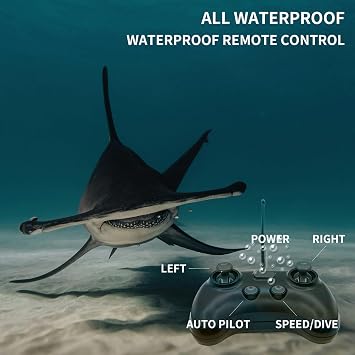 Remote Control Shark for Pool|1:18 RC Shark & Dual Motors|One-Touch Dive to 5 ft|LED 2.4GHz Waterproof RC Submarine Hammerhead Shark Toy| Pool Party Gifts for Boys Ages 6-12(2 Batteries)