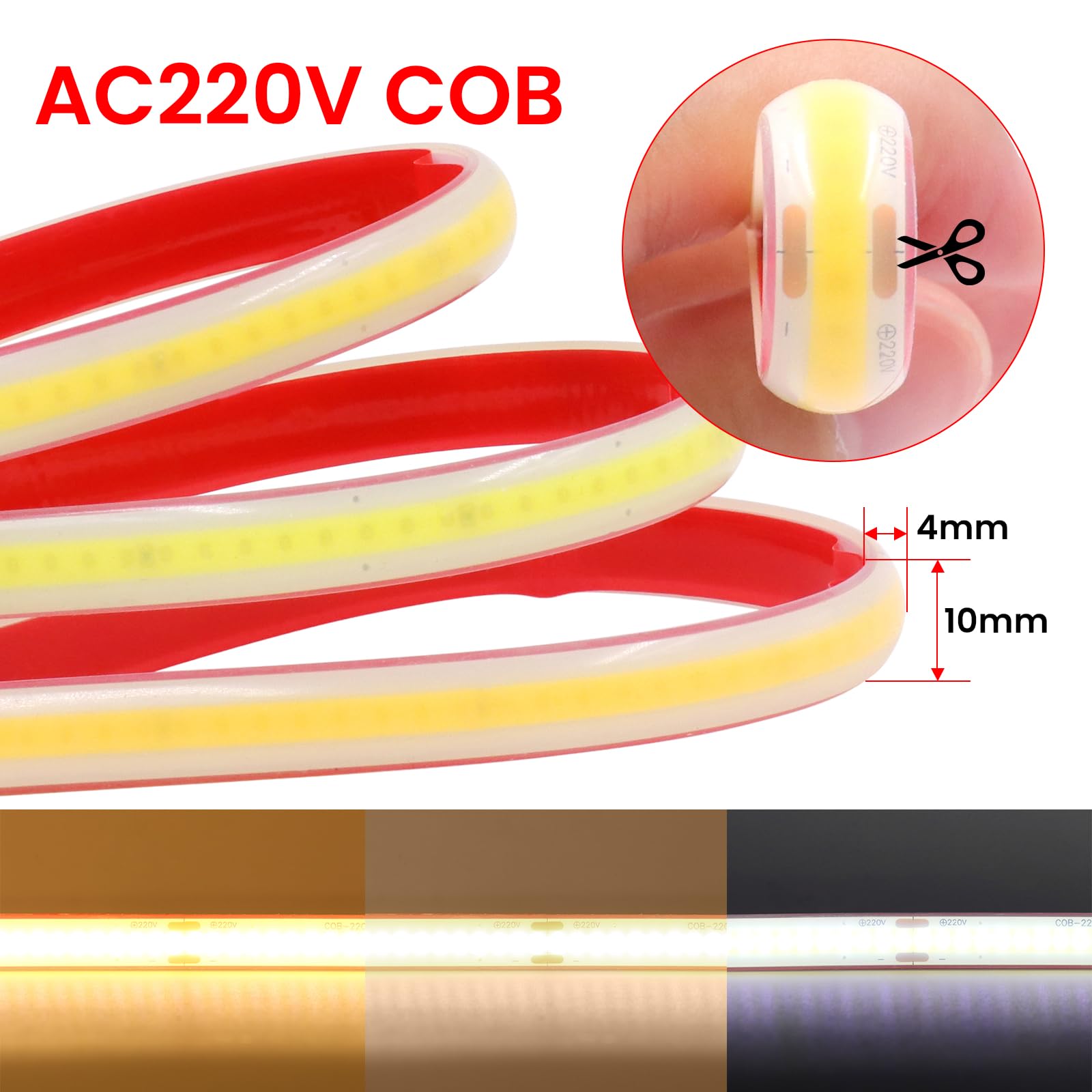 KISUFU Tira de LED COB 220V, Alto brillo Impermeable IP65, 288 LEDs/m Tira de LED COB, Cada Corte de 50cm LED Strip Light para Interior Exterior.