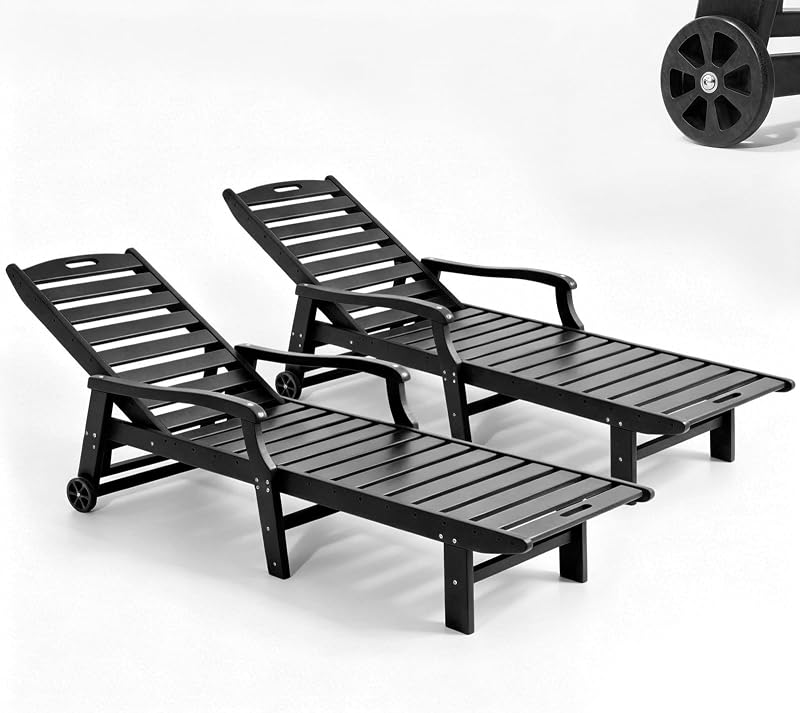 79" Oversized HDPE Outdoor Chaise Lounge Chair Set of 2 | 5-Position Adjustable Pool Lounger with Weather Resistant Design, Rolling Wheels for Poolside Deck Patio, Black
