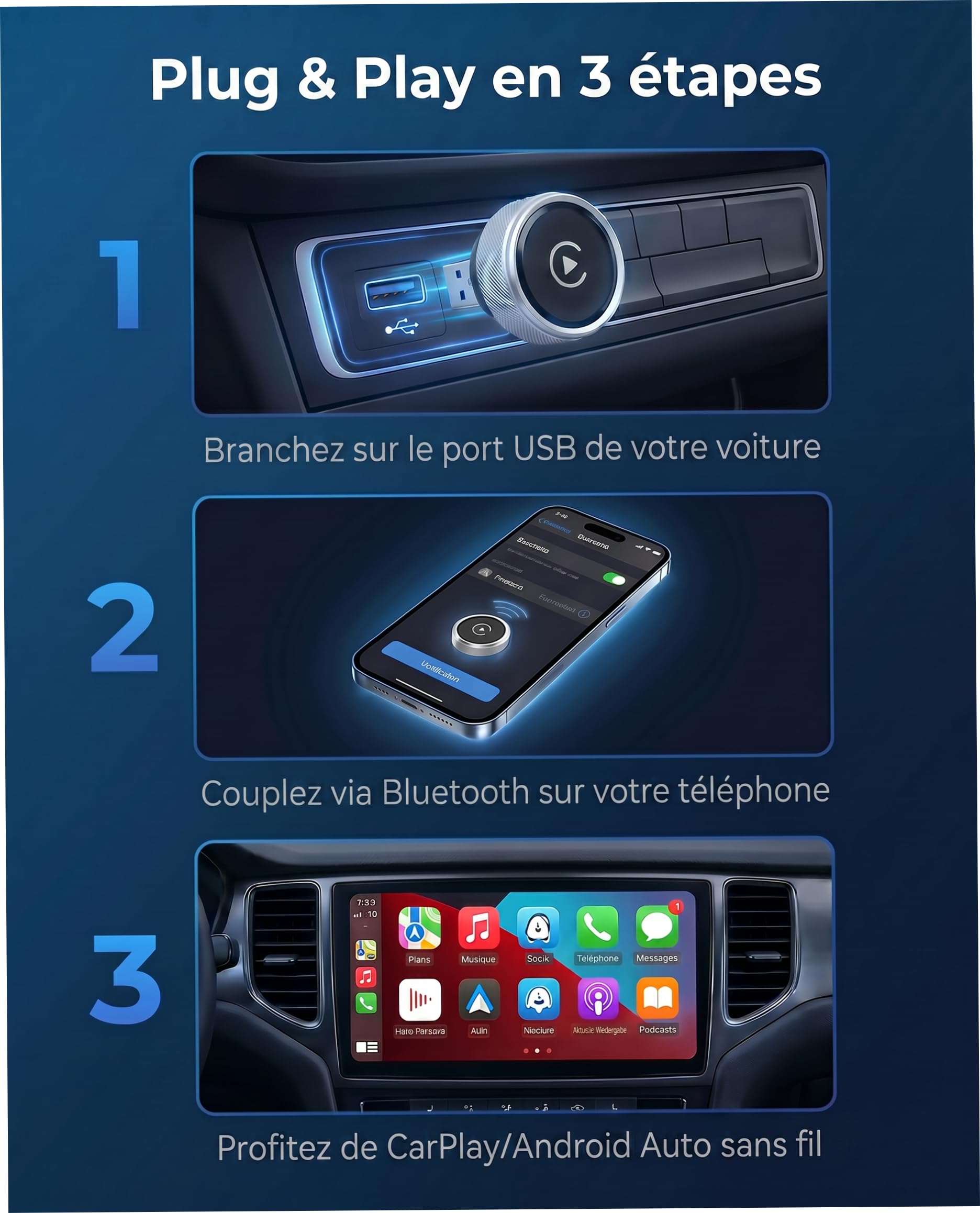 2026 Adaptateur Carplay & Android Auto sans Fil, 2-in-1 Adaptateur Carplay sans Fil, WiFi 2,4/5GHz avec Connexion Automatique, Plug & Play pour iPhone & Android, Design Premium en Aluminium