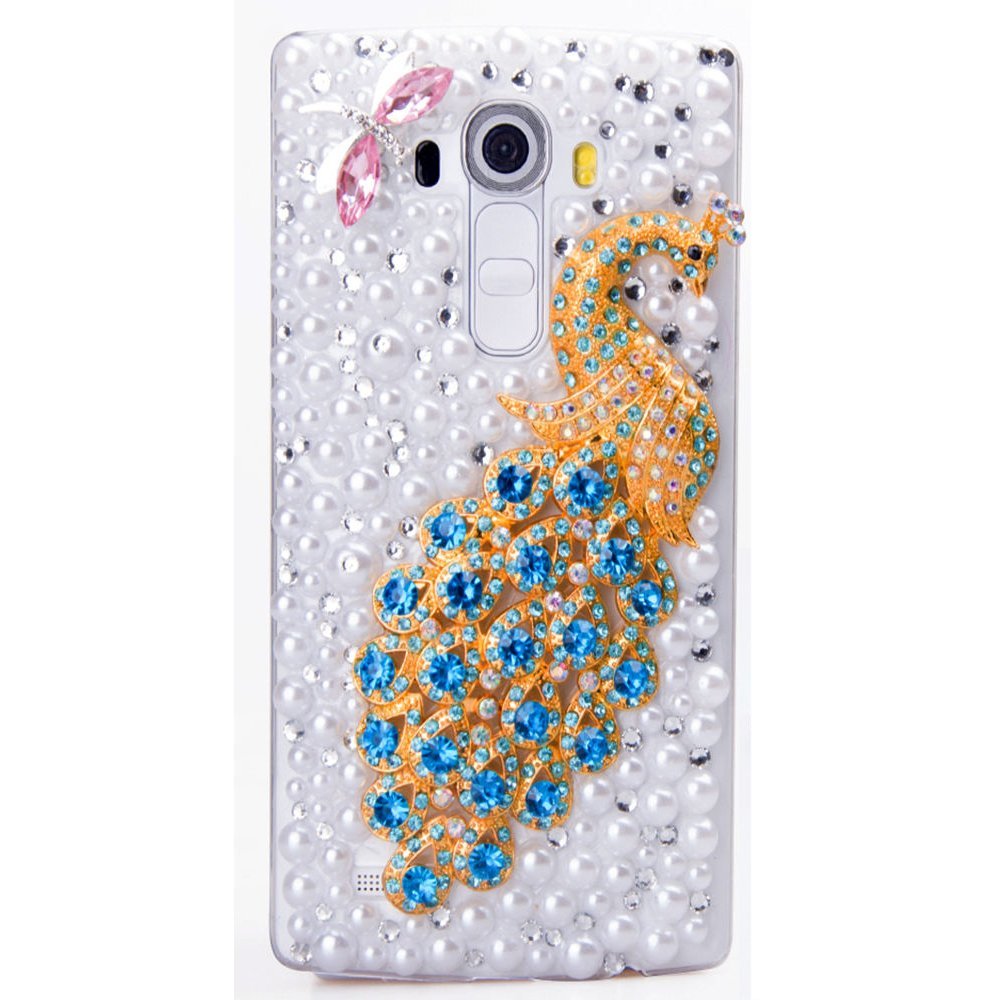 STENES Bling Phone Case Compatible with LG Phoenix 2 Case - Luxurious Crystal 3D Handmade Sparkle Diamond Rhinestone Clear Cover - Dragonfly Peacock Pearl/White