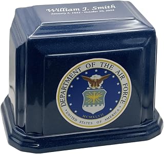 Classic Military Marble Urn for Adult Human Ashes – Air Force Blue – Genuine Cultured Marble Cremation Urn for Veterans – Engravable – Made in USA