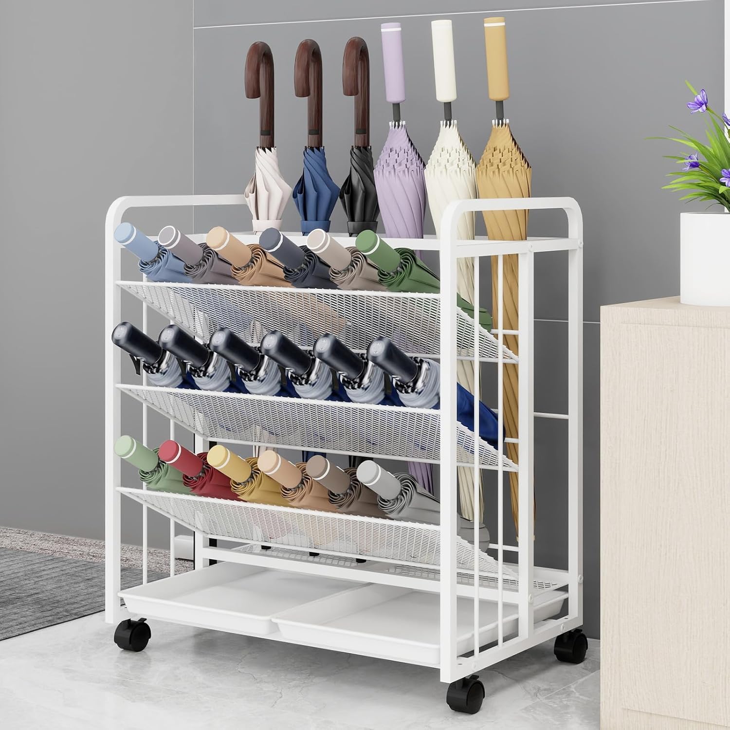 0GFC 19141 Umbrella Holder for Entryway,Large Umbrella Stand with Wheels,Shoe Holder,Commercial Umbrella Organizer Rack with Drip Tray for School,Office, Hotel, Library Indoor Entrance,White-image-23